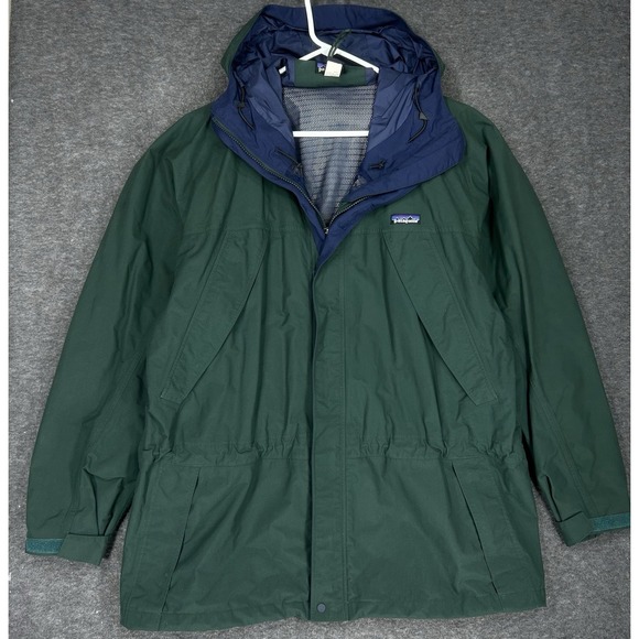Vintage Patagonia Storm Jacket Coat Men's L Green Full Zip Cinch Nylon Outdoor